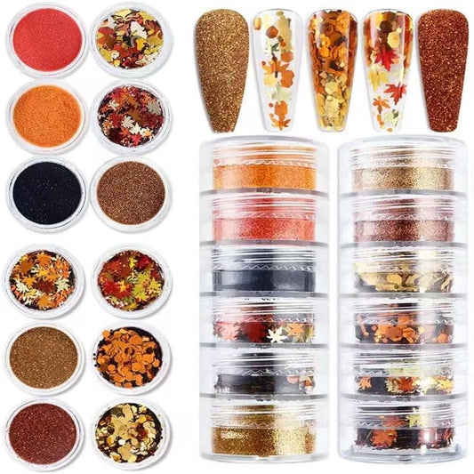 Fall Nail Art Glitters Sequins, 12 Boxes Maple Leaf Nail Art Decoration Flakes 3D Leaf Nail Decals Gold Orange Nails Art Designs Holographic Thanksgiving Day Glitters for Nails Decorations
