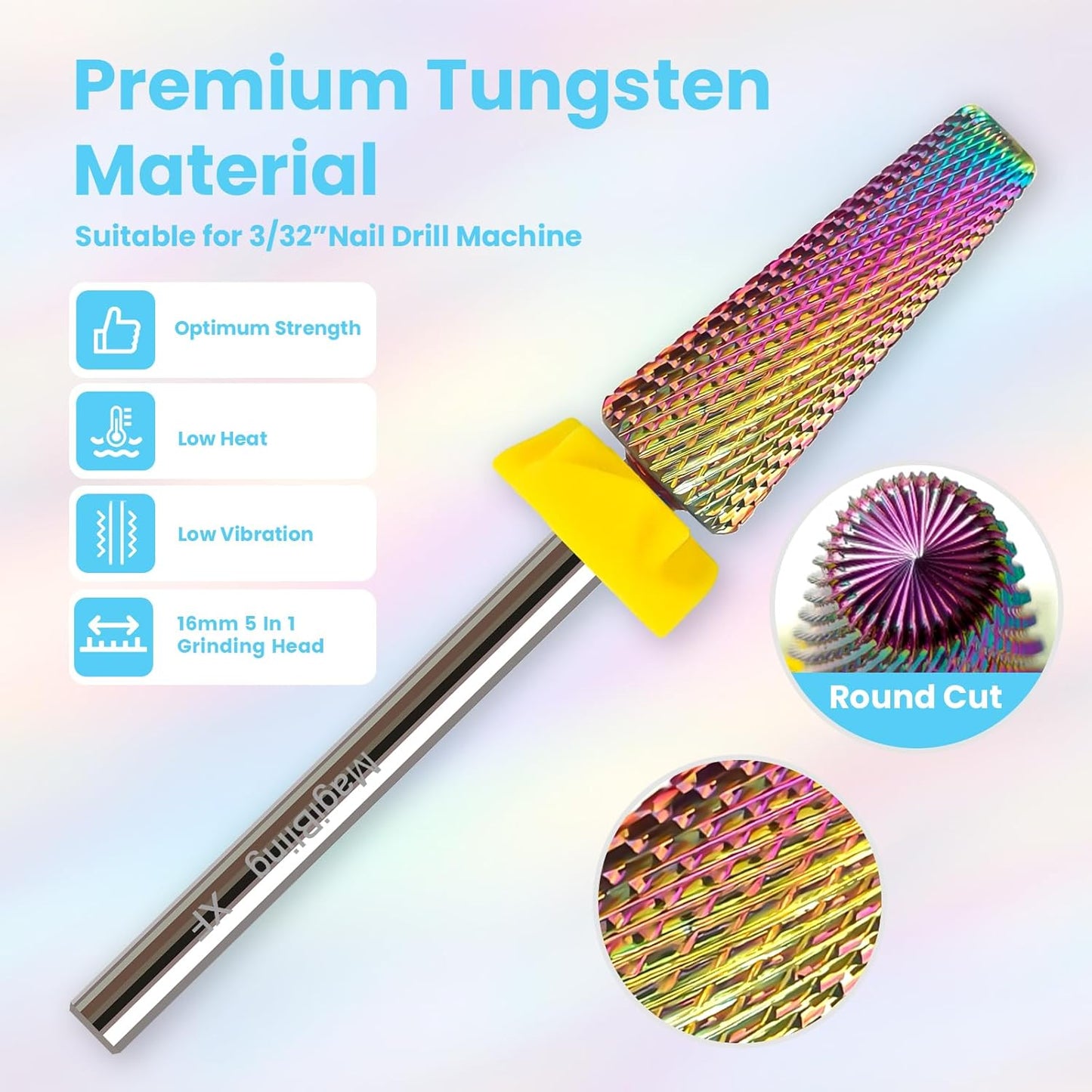 xf 5 in 1 Nail Drill Bits, 16mm Tapered 3/32'' Professional Tungsten Carbide Bits for Efile, 2 Rotation for Electric Drill, Remove Thin Gel, Manicure Cuticle Gel Polishing, Techs Bits, Extra Fine.