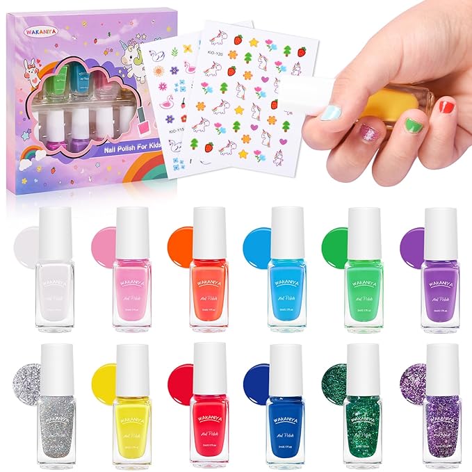 wakaniya Kids Nail Polish - Mini Nail Polish Set for Girls 12 Rainbow Colors with Nail Stickers, Water Based Natural Safe Non Toxic Peel Off