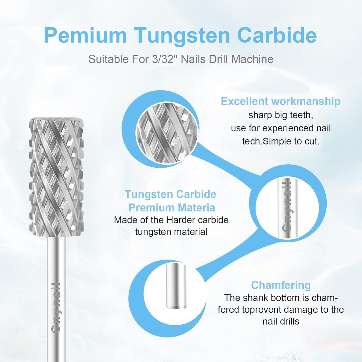 3/32" Large Barrel Bit Tungsten Carbide Nail Drill Bit Safety Bit for Gel & Acrylic Removal, 2- Way Rotating Efile Tip, Salon Electric File Accessory (4XC Girt, Silver)