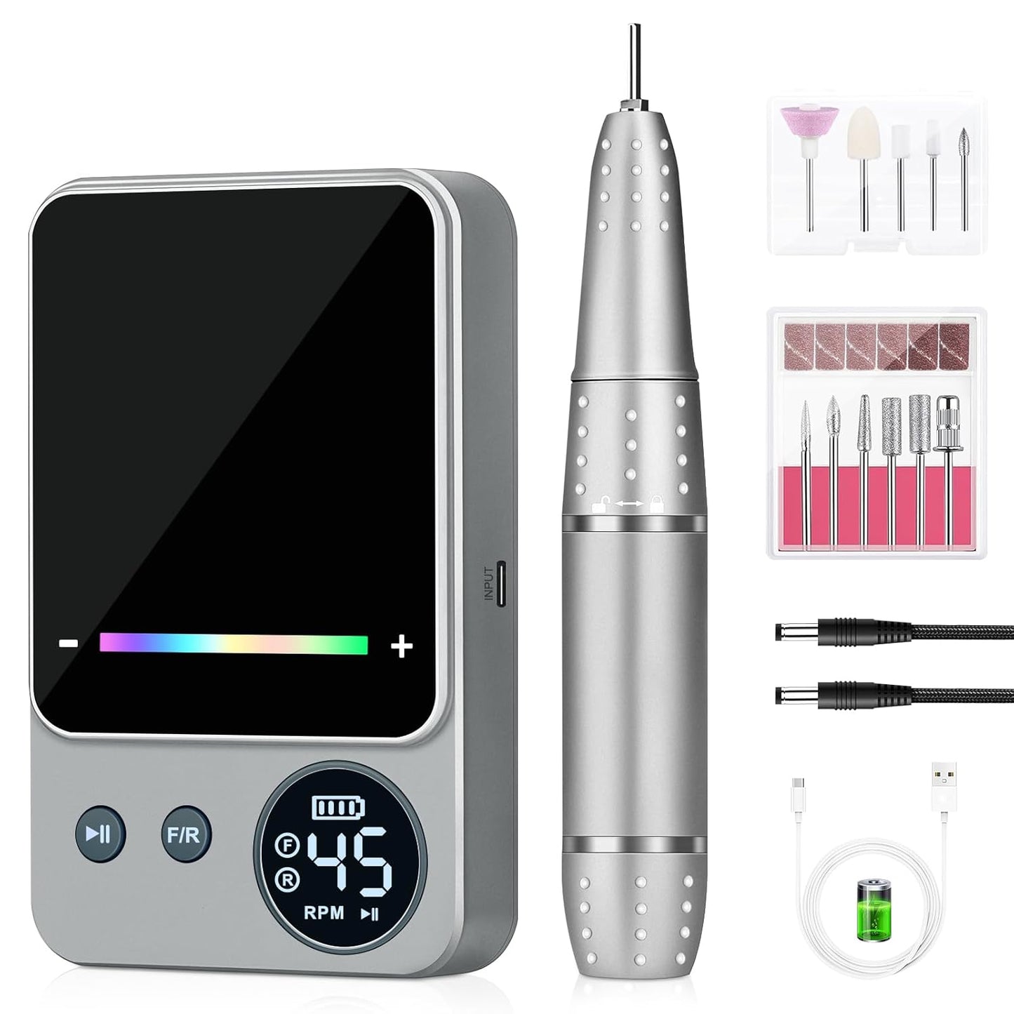 Electric Nail Drill Professional, Urbuti 45000RPM Nail Drill 4000mAh High Capacity Rechargeable Electric Nail File 11 Drill Bits Remover Gel Nail Polish Acrylic Nails Manicure for Salon Home(Gray)