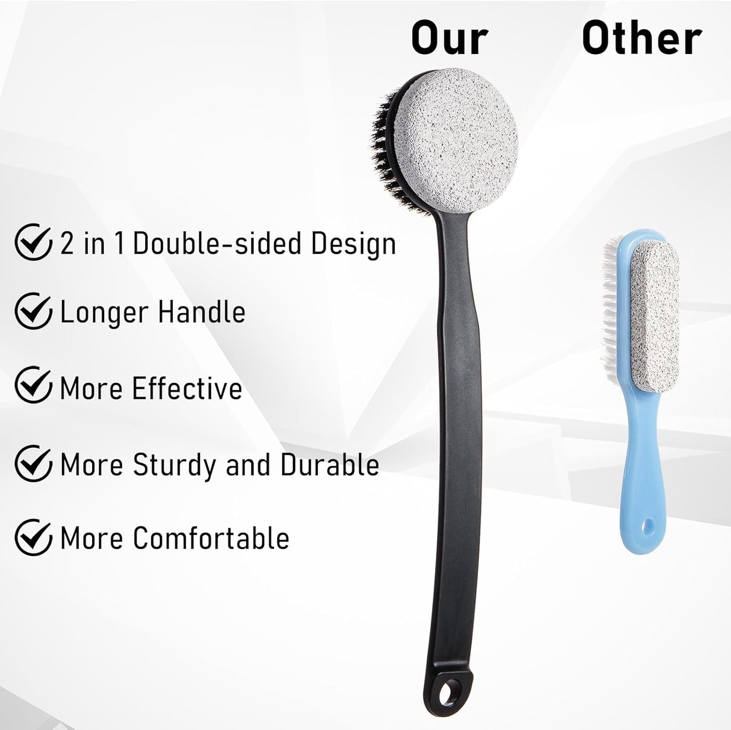 Pumice Stone for Feet and Shower Brush with Long Handle 13.7",Hard Skin Callus Remover, 2 in 1 Foot Scrubber Brush, Back Scrubber Body Brush for Shower Deep Cleansing and Exfoliating (Curved)