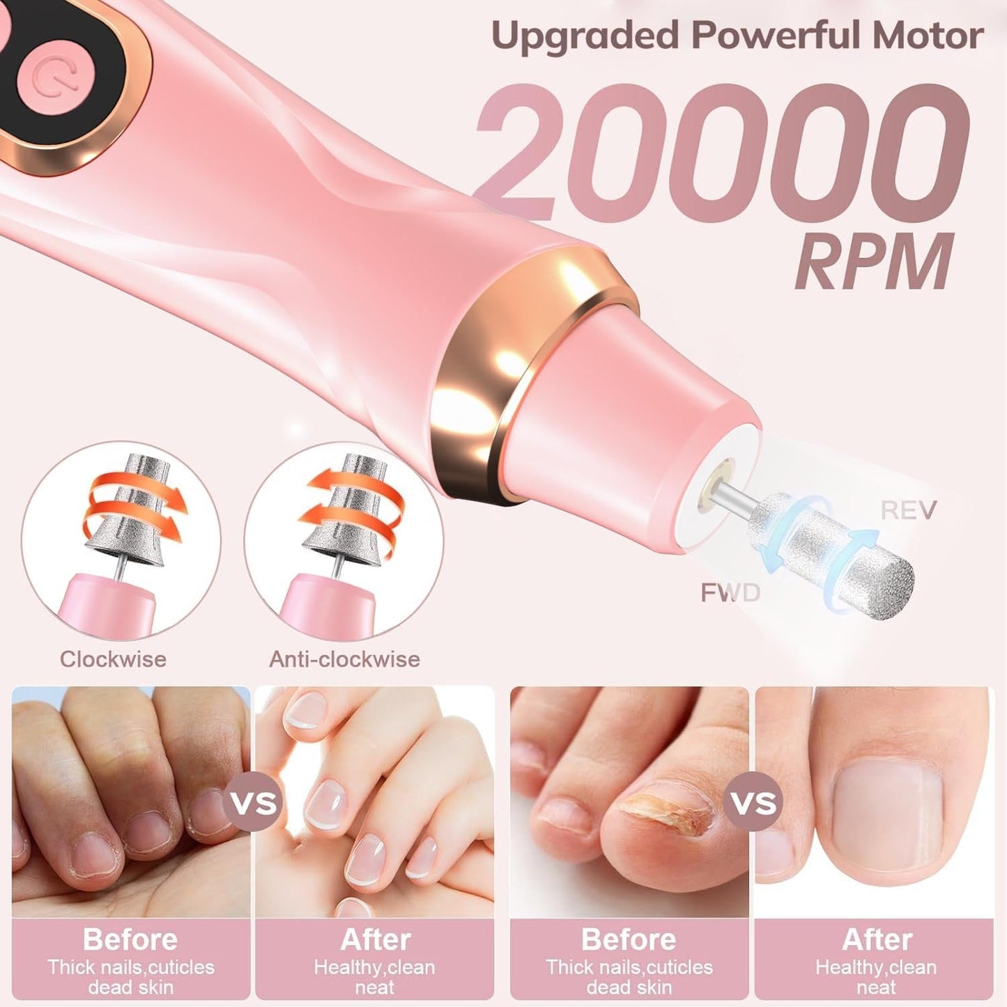 Professional Manicure Pedicure Kit Cordless Electric Nail File Set 6 Speed Cordless Nail Drill for Thick Nail Toenail Cuticle Hand Foot Care Nail Drill Tool(Peach)