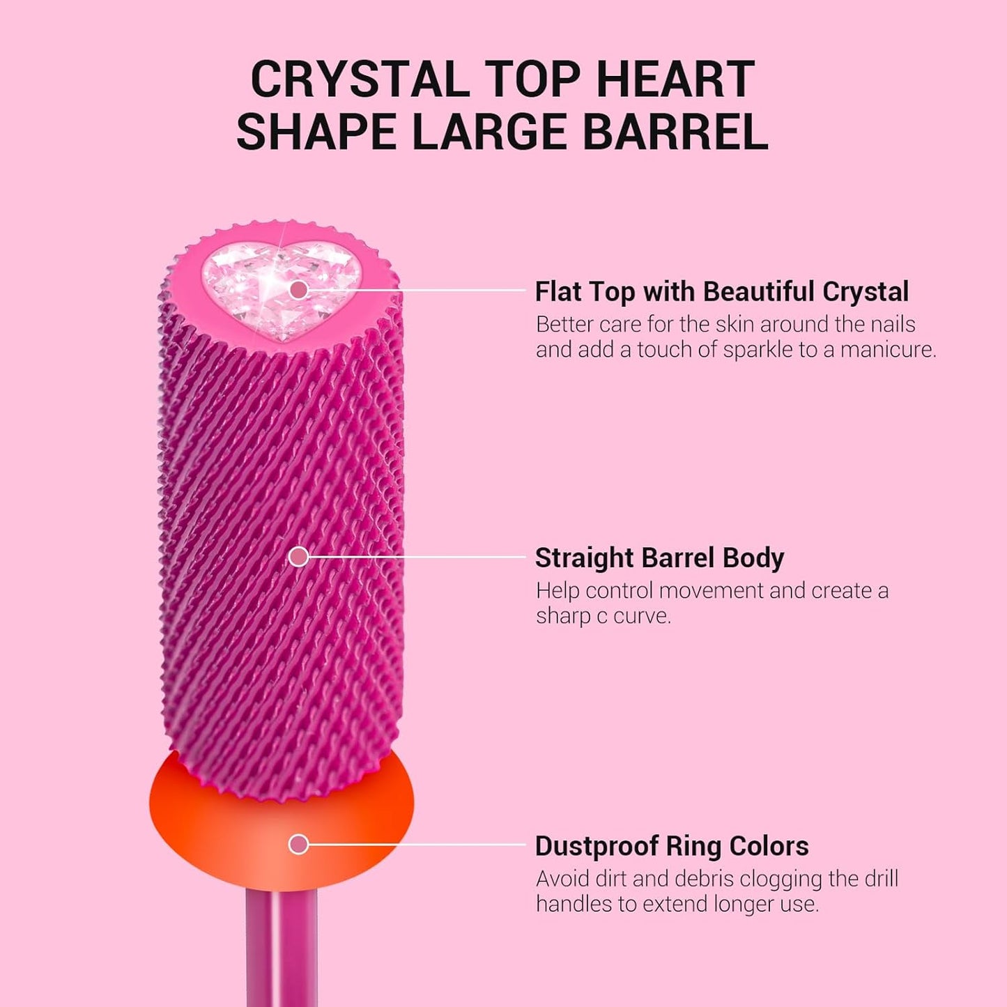 MelodySusie Large Barrel 3/32'' Tungsten Carbide Nail Drill Bit, Crystal Top Pink Heart Shape, Fast Remove Acrylic Gel, Cuticle Gel Polishing for Manicure Pedicure, Pink Blossom, Series Bit-S, Fine