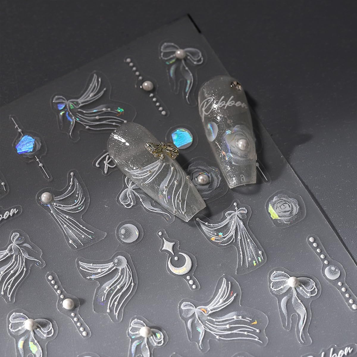 White Flower Nail Art Stickers Decals 5D Embossed Nail Decals Self Adhesive Pearl Bow Nails Stickers Spring Flower Nails Transfer Decals Floral Nails Supplies for Women Nail Art Decorations