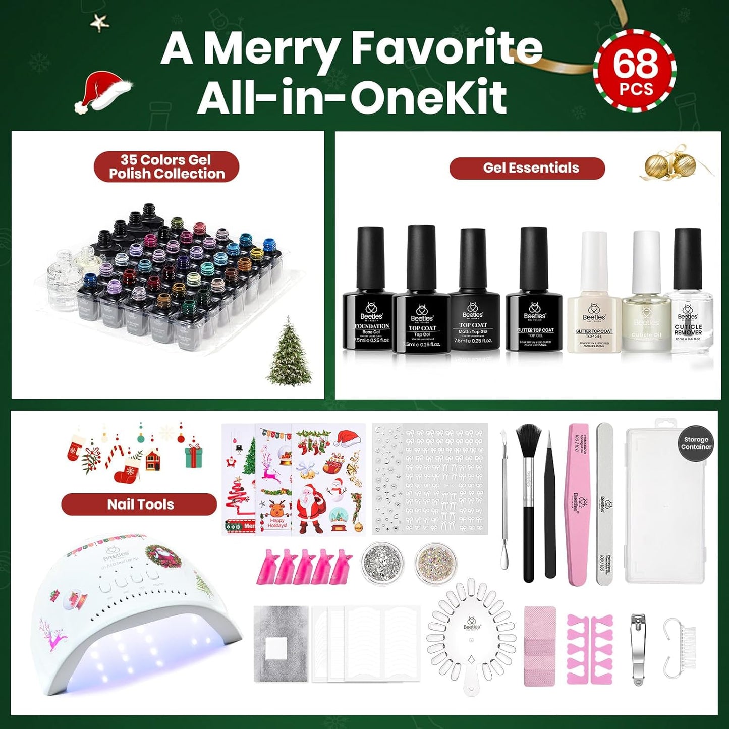 Beetles Gel Nail Polish Kit 66 Pcs with U V Light - 35 Color Christmas Gel Nail Kit Gifts for Teens Girls Women Soak Off Emotional Spectrum Red Winter Manicure Nails Decoration Tool Home DIY Set