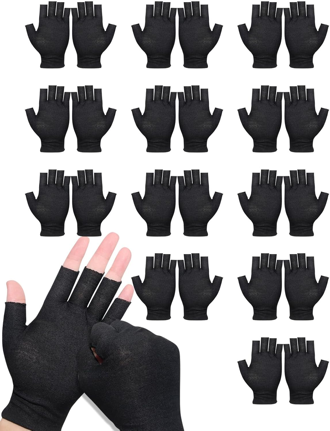 12 Pairs Black Cotton Fingerless Gloves Moisturizing Night, Uv Sun Protection Gloves for Driving