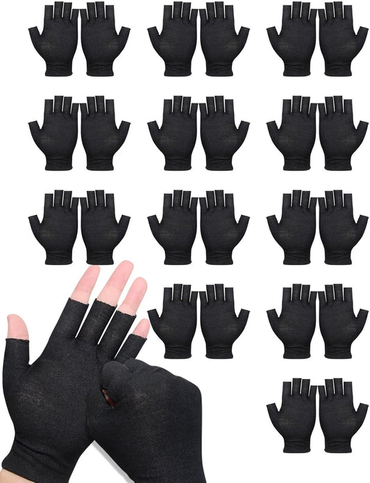 12 Pairs Black Cotton Fingerless Gloves Moisturizing Night, Uv Sun Protection Gloves for Driving