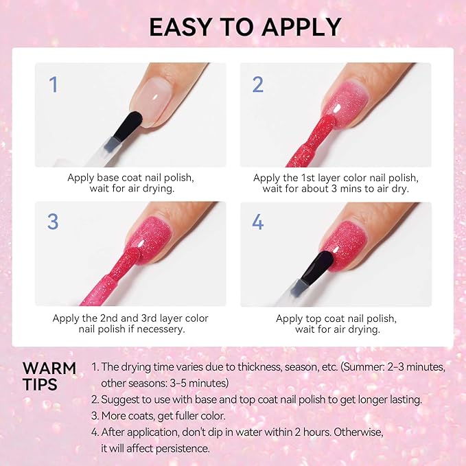 MIZHSE Quick Dry Nail Polish, Shimmery Hot Pink Nail Polish Air Dry Fast, Sparkle Shiny Water-based Glitter Non Gel Full Coverage Nail Art Manicure Home 15ml