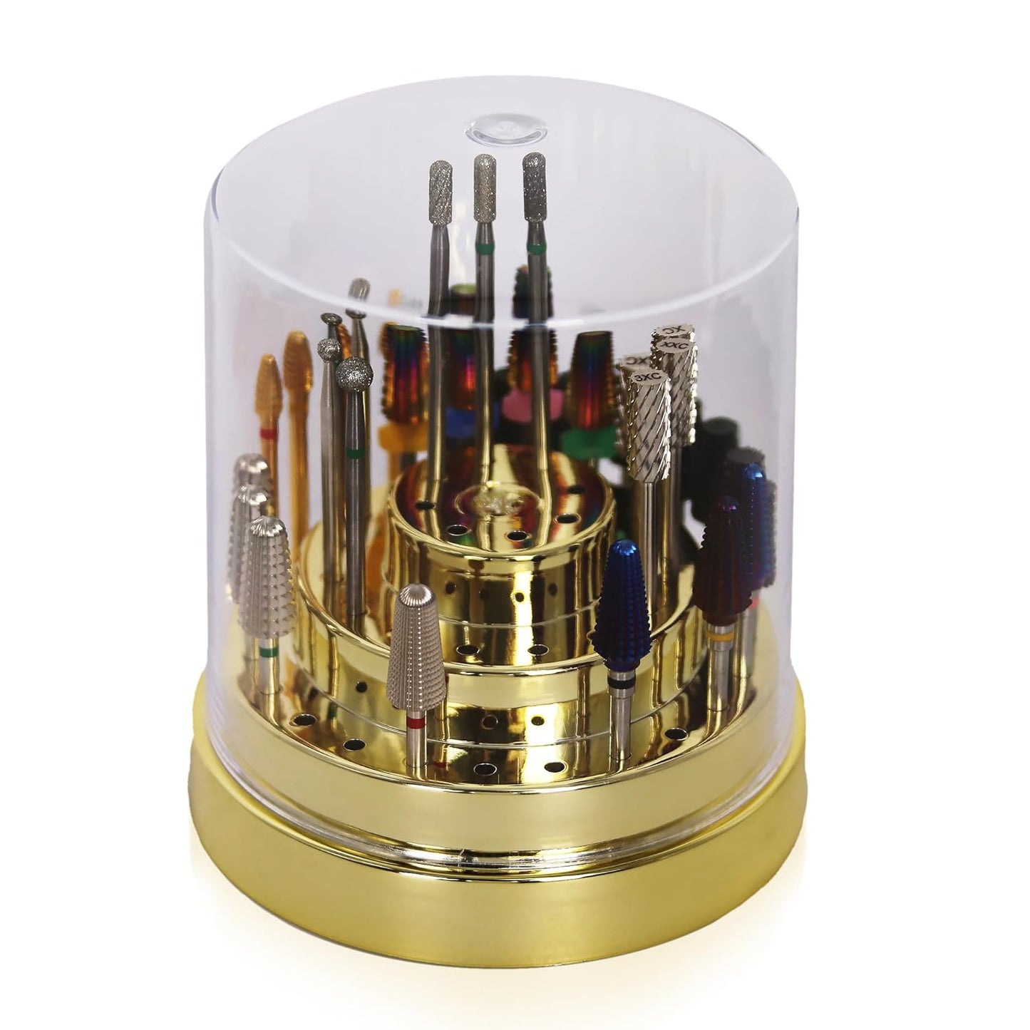 PANA Round Cake Tier Nail Drill Bit Holder Display Organizer Case - Dustproof Carbide Bit Storage Container Box For Manicure Tools Nail Salon - 48 Holes Gold (Drill Bits Not Included)
