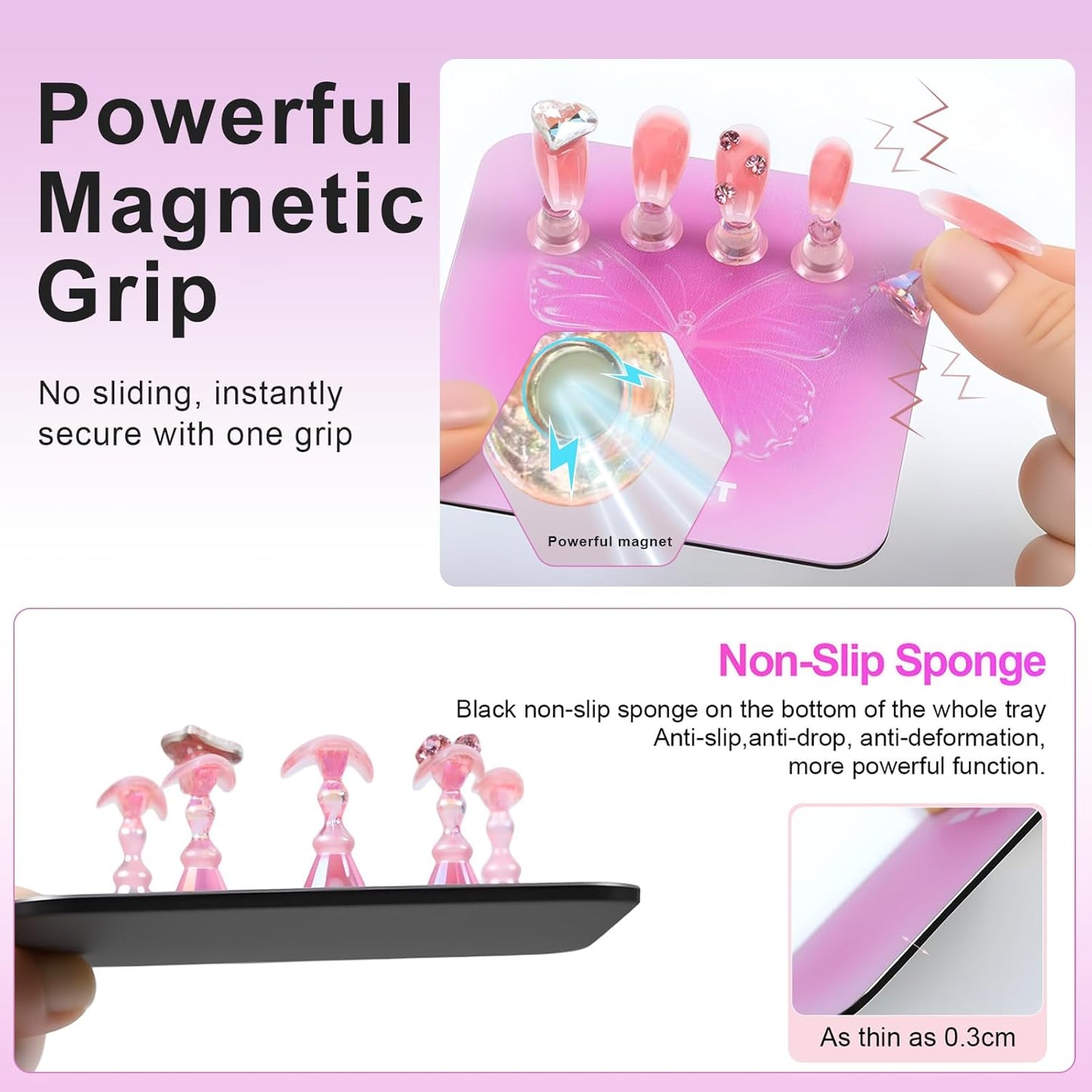 Nail Stand Brush Set, Magnetic Stands with Metal Base Art Palette, Reusable Nail Tips Display Practice Acrylic Holder with 200pcs Sticky Tabs and Tools for Home DIY Salon Supplies-Sliver