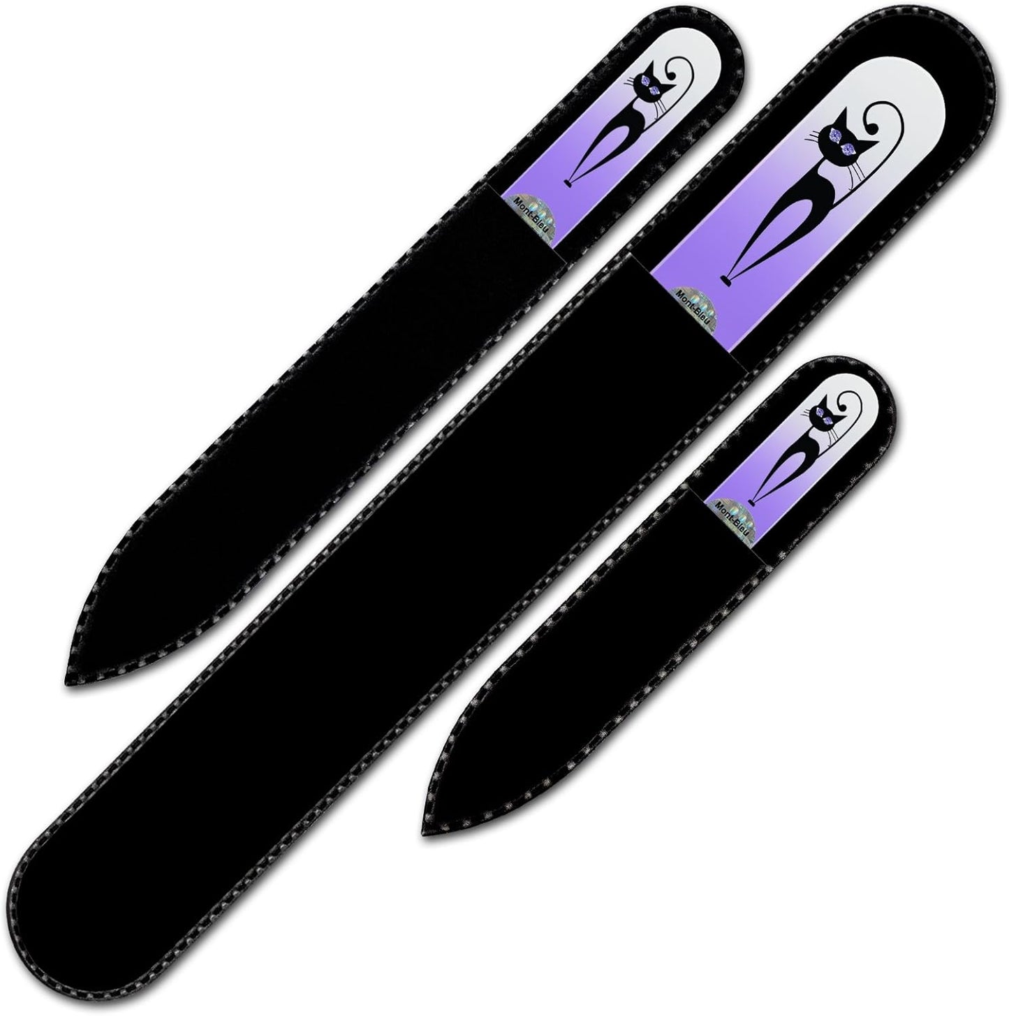 Mont Bleu Set of 3 Cats Crystal Nail Files Hand Decorated with Crystals from Swarovski® | Hand Made, Czech Tempered Glass, Lifetime Guaranty, Glass Nail Files for Natural Nails