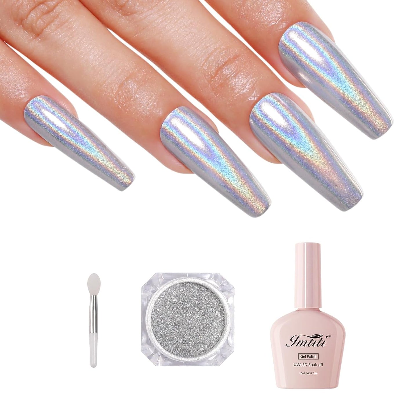 Imtiti Holographic Silver Chrome Nail Powder Kit,1g Holo Iridescent Silver Meatllic Mirror Effect Powder with 10ml White Color Gel Polish Metal Nail UV DIY Kit