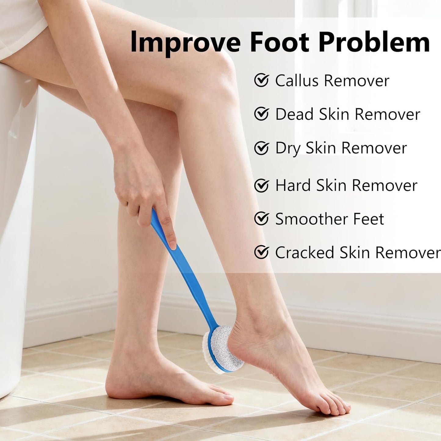 Foot File Callus Remover,Beomeen Pumice Stone for Feet with Long Handle, Hard Skin Callus Remover, 2 in 1 Foot Scrubber, Back Body Brush for Shower Brush Deep Cleansing and Exfoliating (Curved),Blue