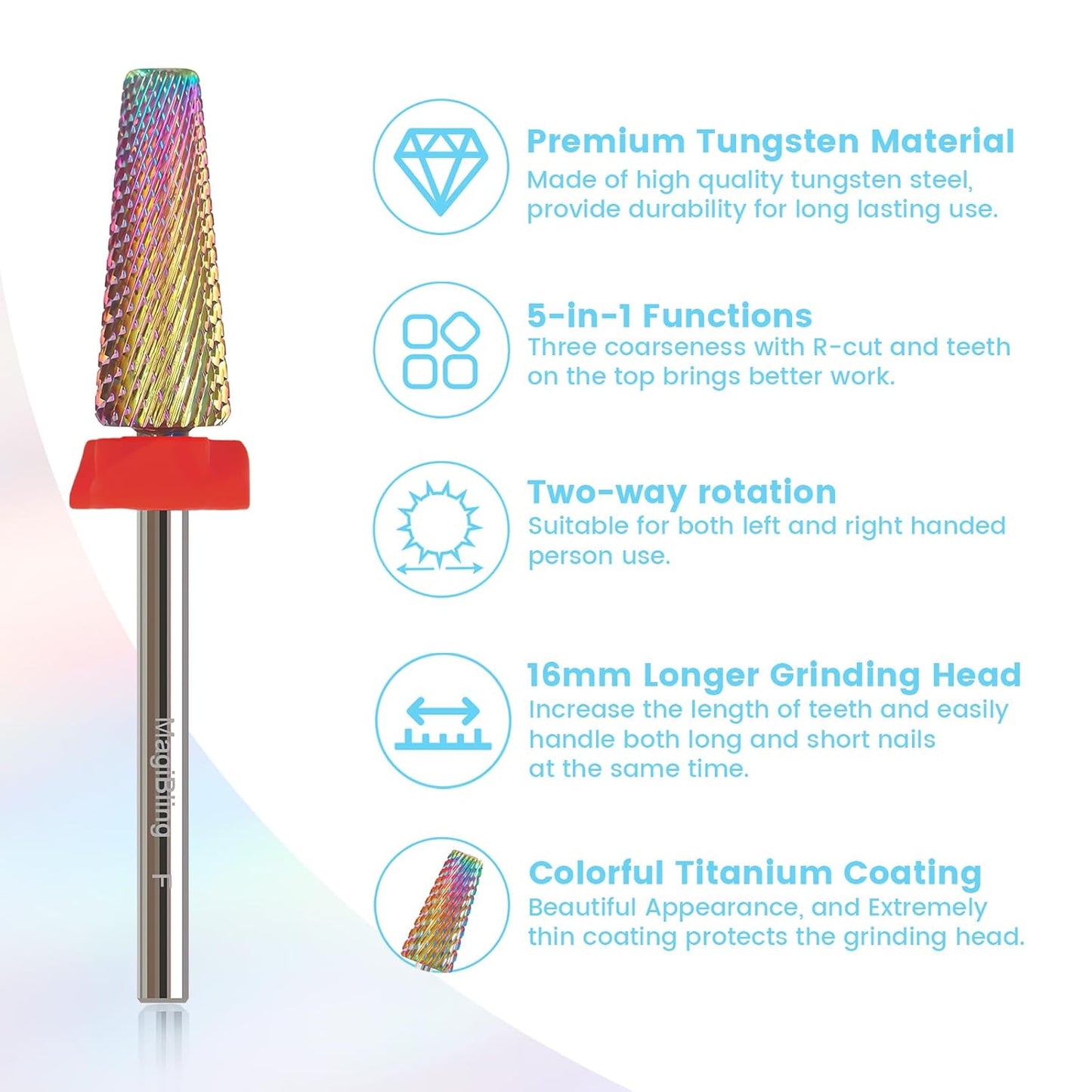 F 5 in 1 Nail Drill Bits, 16mm Tapered 3/32'' Professional Tungsten Carbide Bit for Efile, 2 Rotation for Electric Drill, Remove Thick Thin Gel, Manicure Cuticle Gel Polishing, Technicians Bits, Fine.