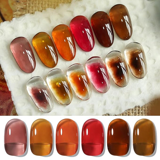 Born Pretty Halloween Fall Winter Jelly Gel Nail Polish Amber Crystal Transparent Brown Orange Red Gel Polish Nail Art Manicure DIY at Home and Salon 6PCS 7ML