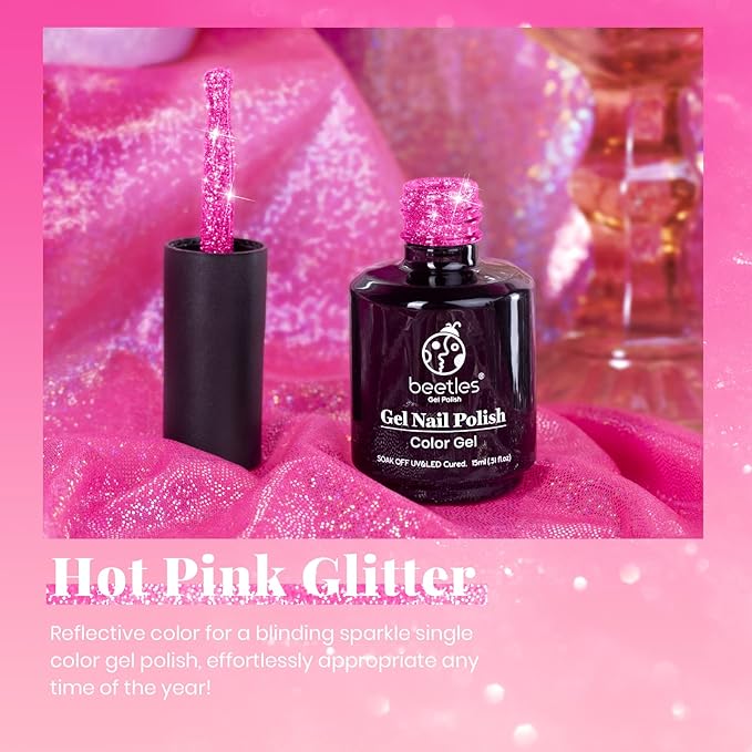 Beetles Glitter Gel Nail Polish - 15ML Hot Pink Reflective Diamond Color Soak Off Sparkle Gel UV Nail Lamp Nail Art Manicure Salon DIY at Home Gifts