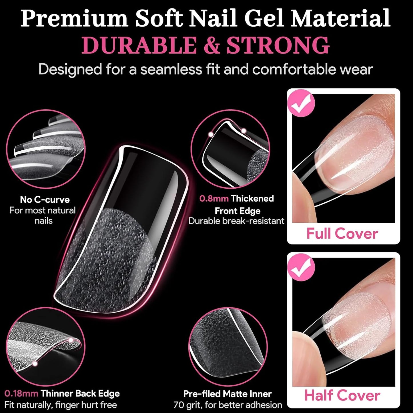 Short Square Fake Nail Tips - 15 Sizes 240 PCS Clear French Half Matte Press On False Nail Tips Pre-shaped Full Cover Gel Nail Tips Extensions Thick Long Lasting for DIY Beginners& Salon Manicure