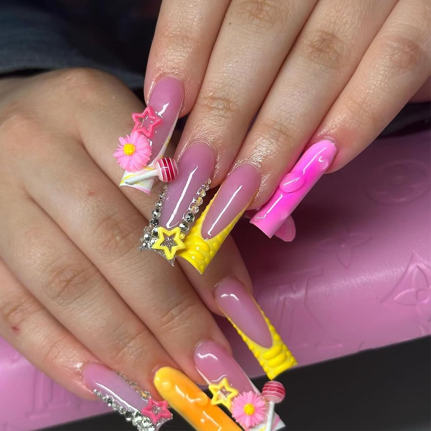 124PCS Nail Charms for Acrylic Nails - Silver Jewels Cat Bow Planet Gun Dollar Sign Star Cross Resin Flower Candy Accessories for Art Supplies Manicure Craft DIY