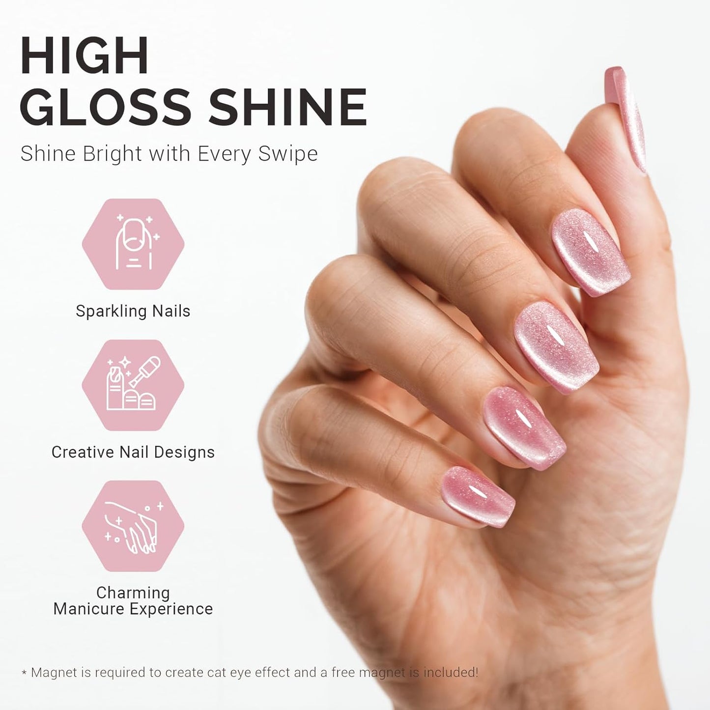 MelodySusie Jeweliver Cat Eye Gel Nail Polish, 0.5 Fl Oz Pink Glitter Holographic Magnetic Nail Polish with Magnet, UV Nail Polish for Nail Art Manicure Salon DIY at Home C04