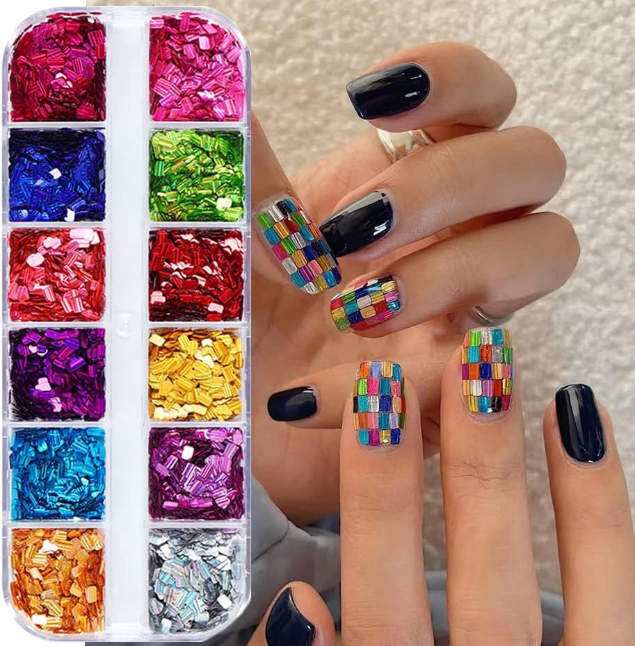 Square Glitter Nail Art Sequins, 12 Colors Rectangle Glitters Flakes Design, Holographic 3D Sparkly Acrylic Nails Supplies for Women Girls Manicure Powder Charms Decorations, DIY Shiny Nail Art Tips