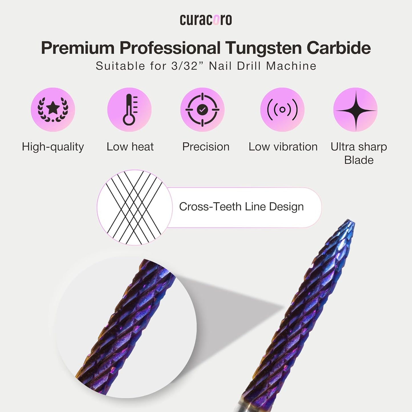Curacoro Under Nail Cleaner 3/32'' Safety Carbide Bit (Coarse), Professional Design to Remove Dirt, Debris, Dead Skin for Healthy Nail Growth, Nail Drill Bits Manicure Salon & Home