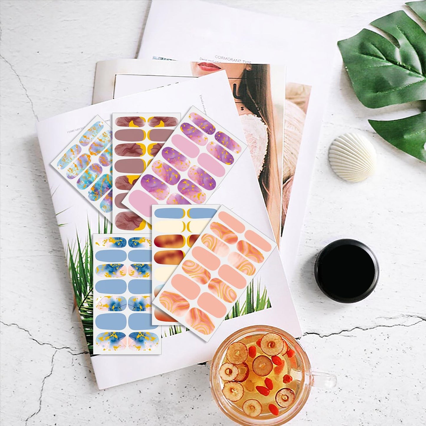 WOKOTO 12 Sheets Glitter Gradient Nail Polish Stickers for Women Marble Nail Stickers Full Nail Wraps Stickers for Nails Gel Nail Polish Strips Stick On Nails for Women Girls Gel Nail Strips