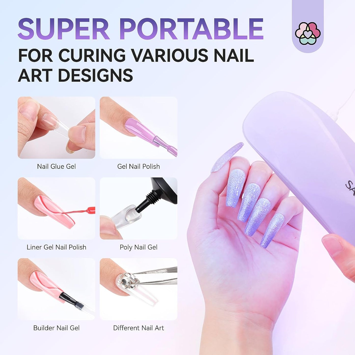 SAVILAND SSPro X Gel U V Nail Lamp for Gel Polish: 12W Mini Portable LED Light Fast Curing 2 Timers Flash Cure Lamp USB Interface Folding Design Personal Manicure Home Travel Use U V Light Purple