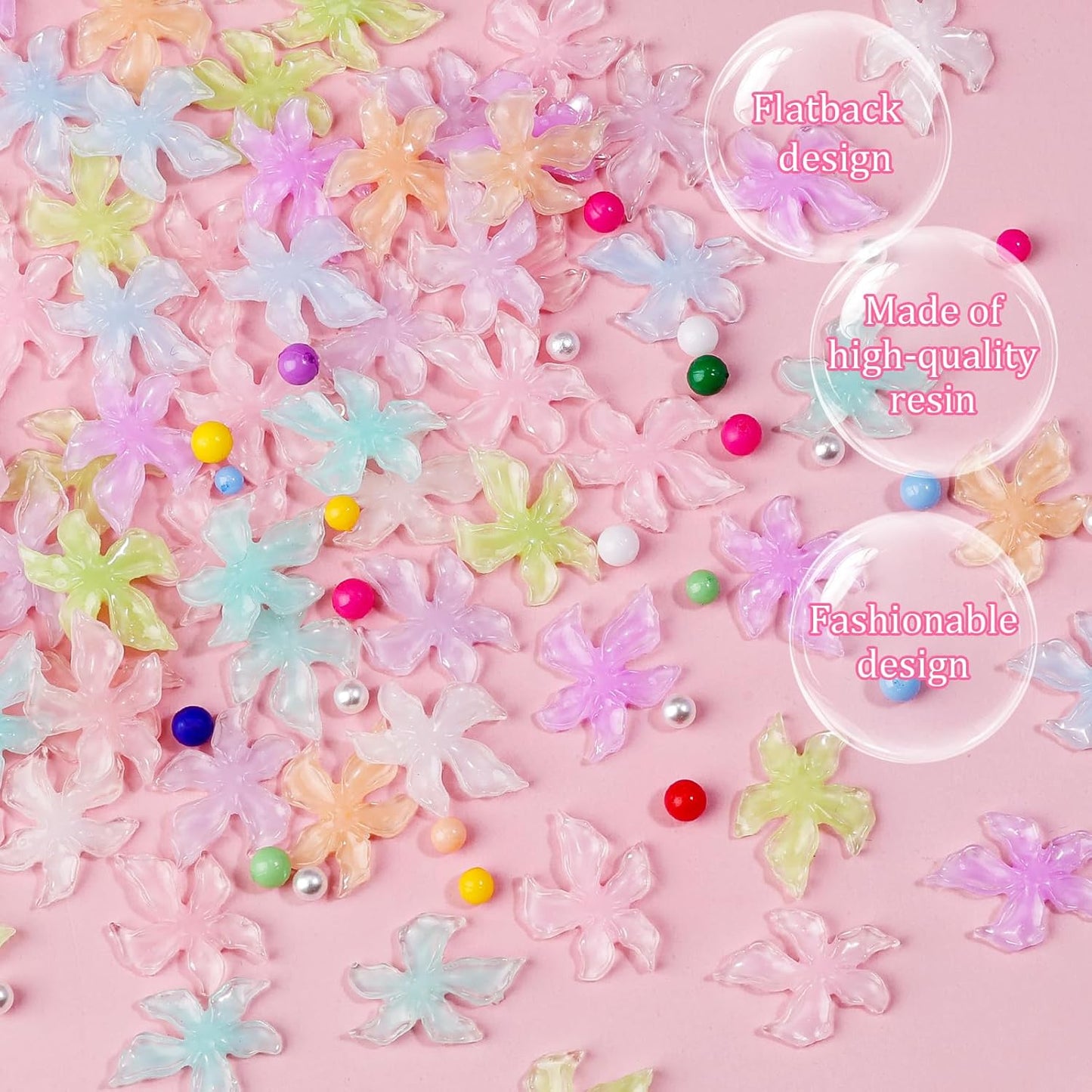 300Pcs Flower Nail Charms Kit, 100Pcs 3D Embossed Hawaii Floral Charms and 100Pcs Nail Pearls with 100Pcs Macaron Beads, Colorful Hibiscus Summer Flowers Mini Gems Round Beads for Nails DIY