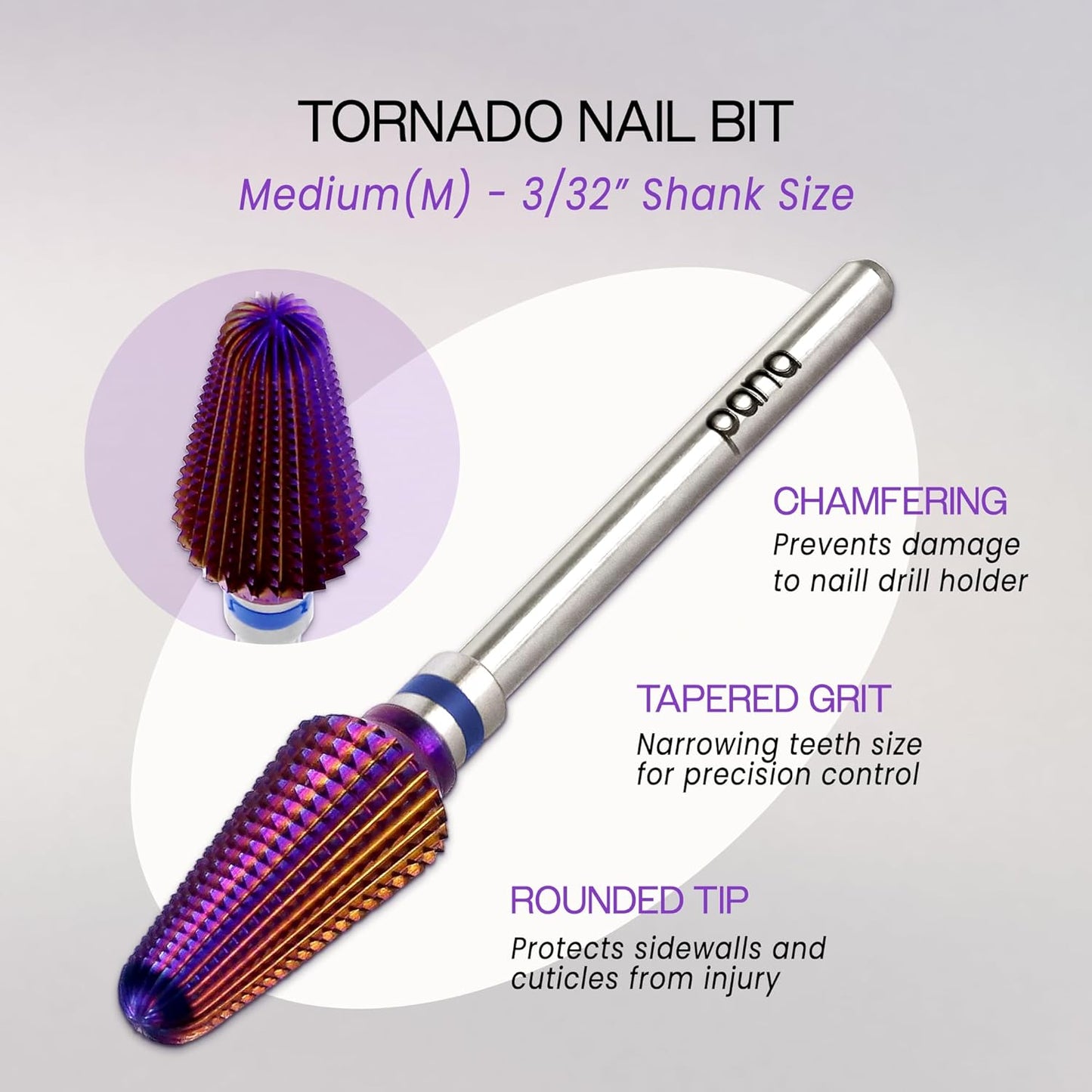 PANA 3/32" Purple Tornado Carbide Nail Drill Bit for Acrylics, Nail Extension, Gel Polish Removal Nail Salon Manicure Pedicure Electric File Tools (Medium - M)