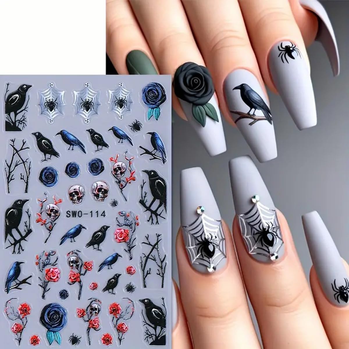 Halloween Nail Art Stickers 5D Embossed Halloween Nail Decals 3PCS Skulls Birds Roses Spider Self-Adhesive Nail Design Nail Art Supplies Holiday Nail Stickers for Women Girls DIY Manicure Decorations