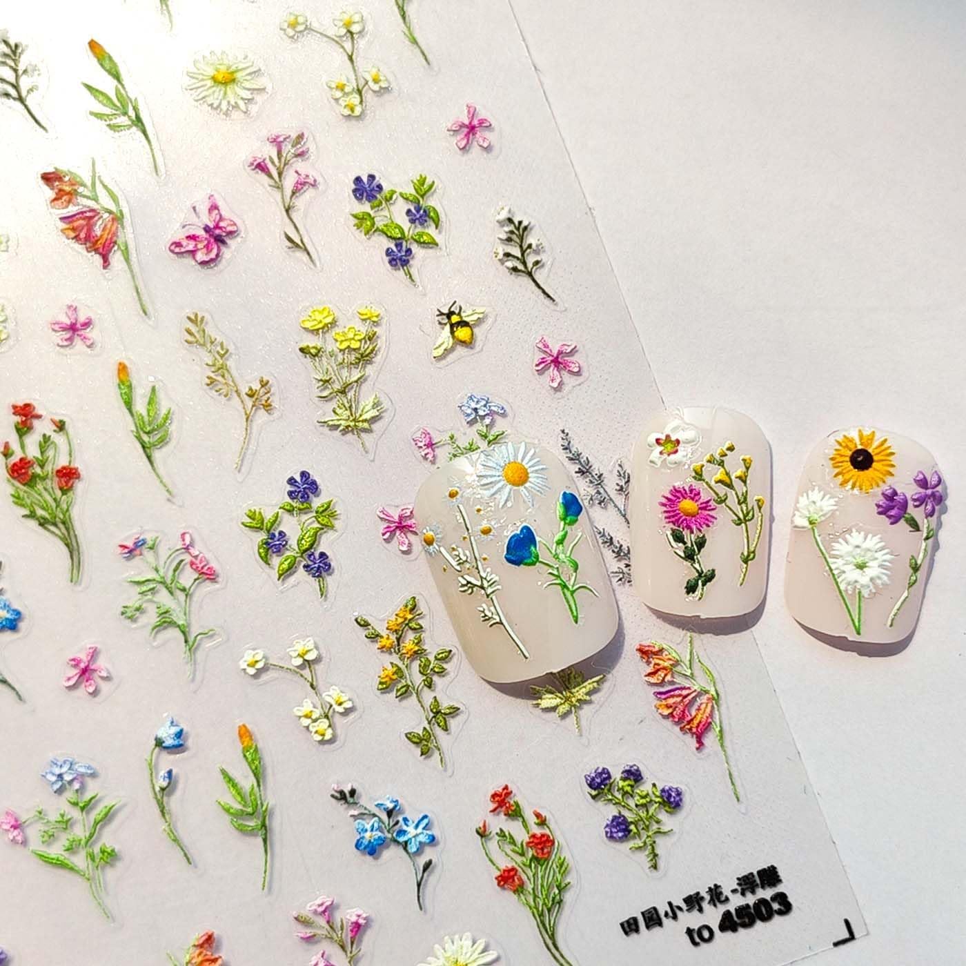 Flower Nail Stickers 5D Embossed Flowers Nail Art Stickers Spring Summer Floral Leaf Plant Nail Decals Self-Adhesive Nails Supply Manicure Sliders for Women Girls Nails Art Decoration