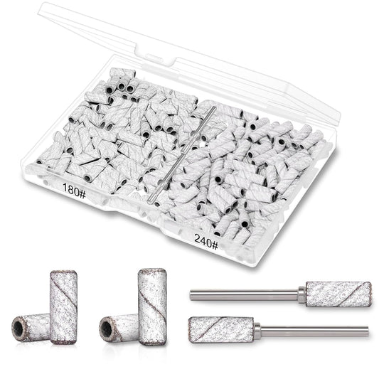 BLESWIN 200pcs #180#240 Grit Small Sanding Bands for Nail Drill with 2pcs 3/32’’ Upgrade Mandrels Bits, Mini Sanding Bands for Nail Drill for Manicure Nail Salon and Nail Enthusiasts Use – White