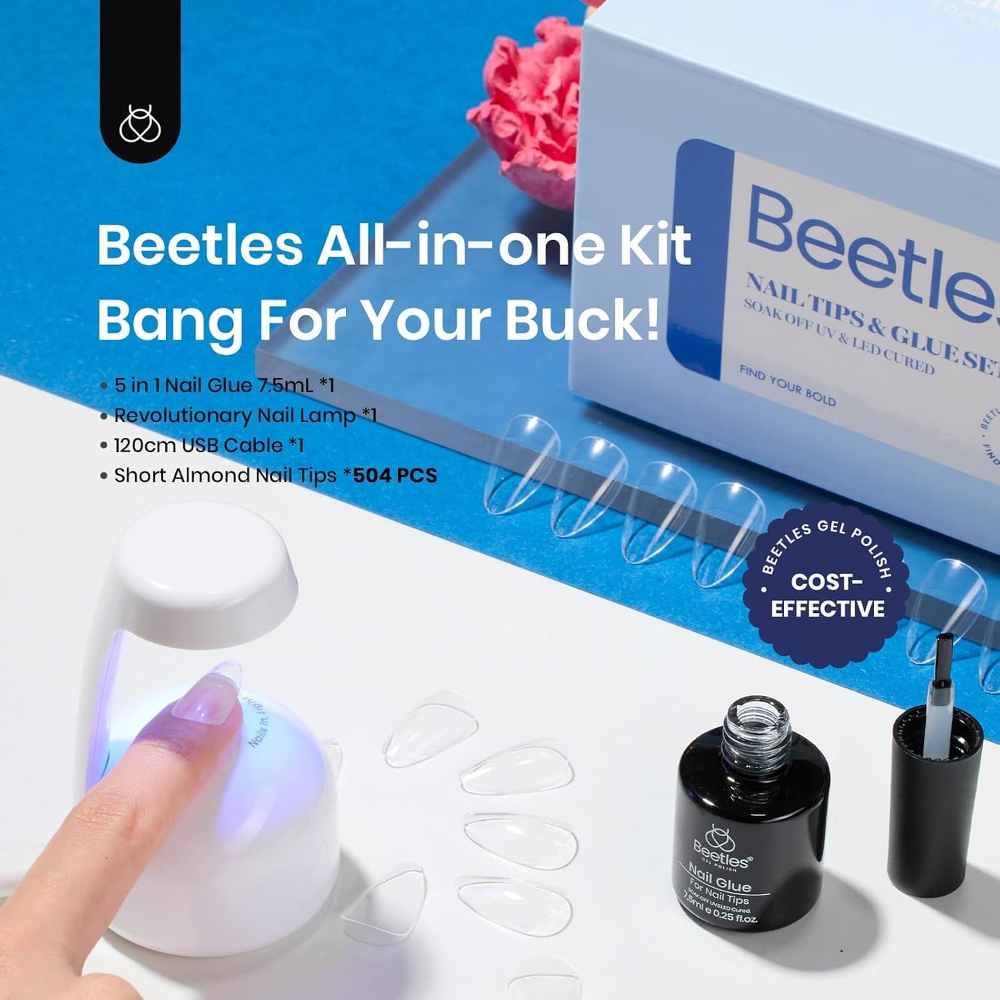 Beetles Gel Nail Kit Clear, Almond Short, 500pcs 12 Sizes, with 9 in 1 Glue Mini UV&LED Lamp, Fall Nails, Acrylic False Tips Kit Easy Nail Extension Set for Home DIY Salon Gift for Girls