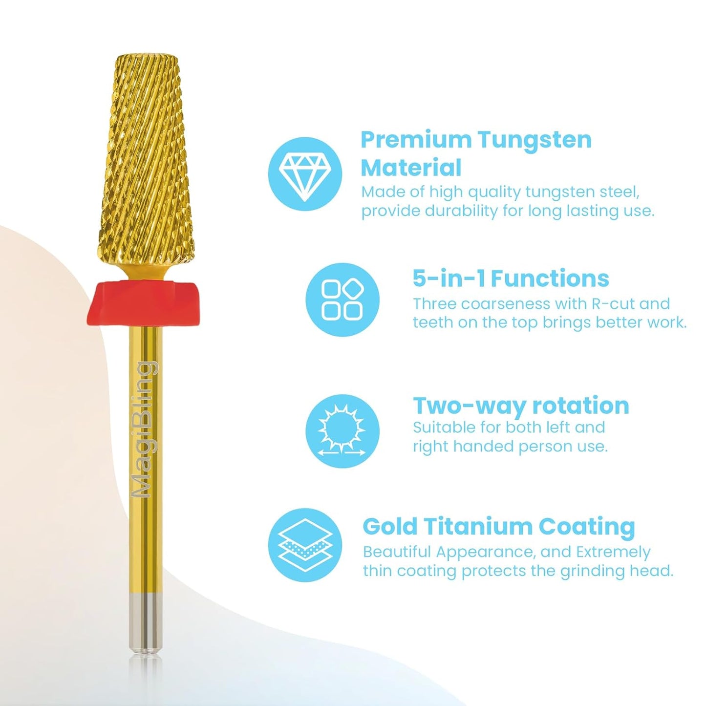Professional 5 in 1 Tapered Nail Drill Bits, 3/32'' Safety Tungsten Carbide Bits, Remove Gel Fast Left & Right Hand Use, Easy for Beginner, Technicians Bits, Gold, Fine.