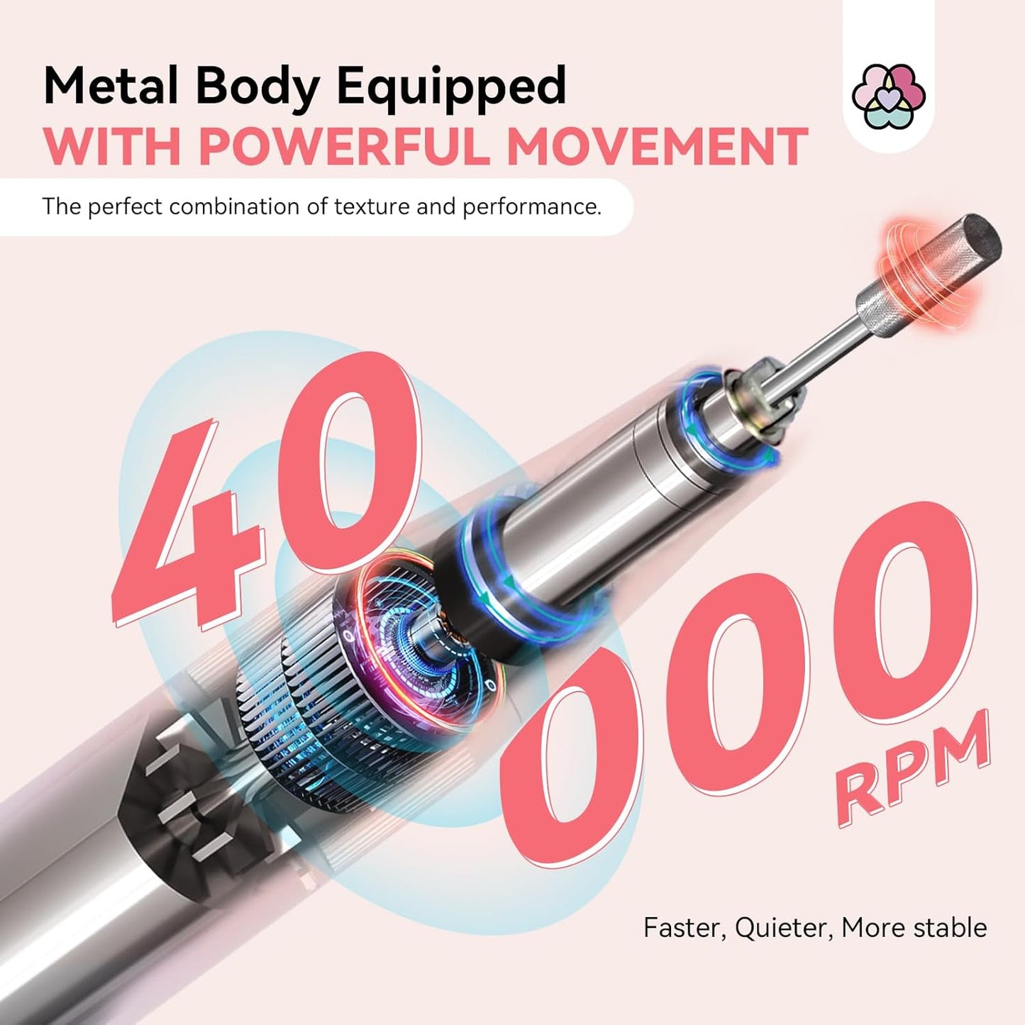 SAVILAND Electric Nail Drill Professional: 40000RPM Pink Rechargeable Electric Nail Filer with 6000mAh Battery, for Shaping, Removing & Polishing Acrylic Nails Home Salon Manicure Pedicure Ideal Gift