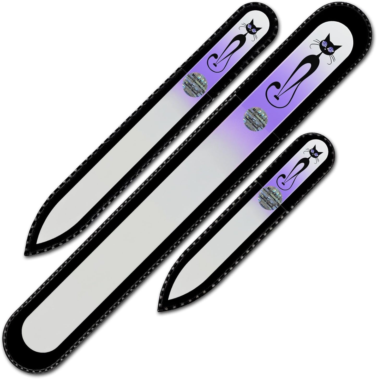 Mont Bleu Set of 3 Cats Crystal Nail Files hand decorated with crystals from Swarovski - Handmade - Czech Tempered Glass - Lifetime Guaranty - Glass Fingernail File - Best Crystal Glass Nail File