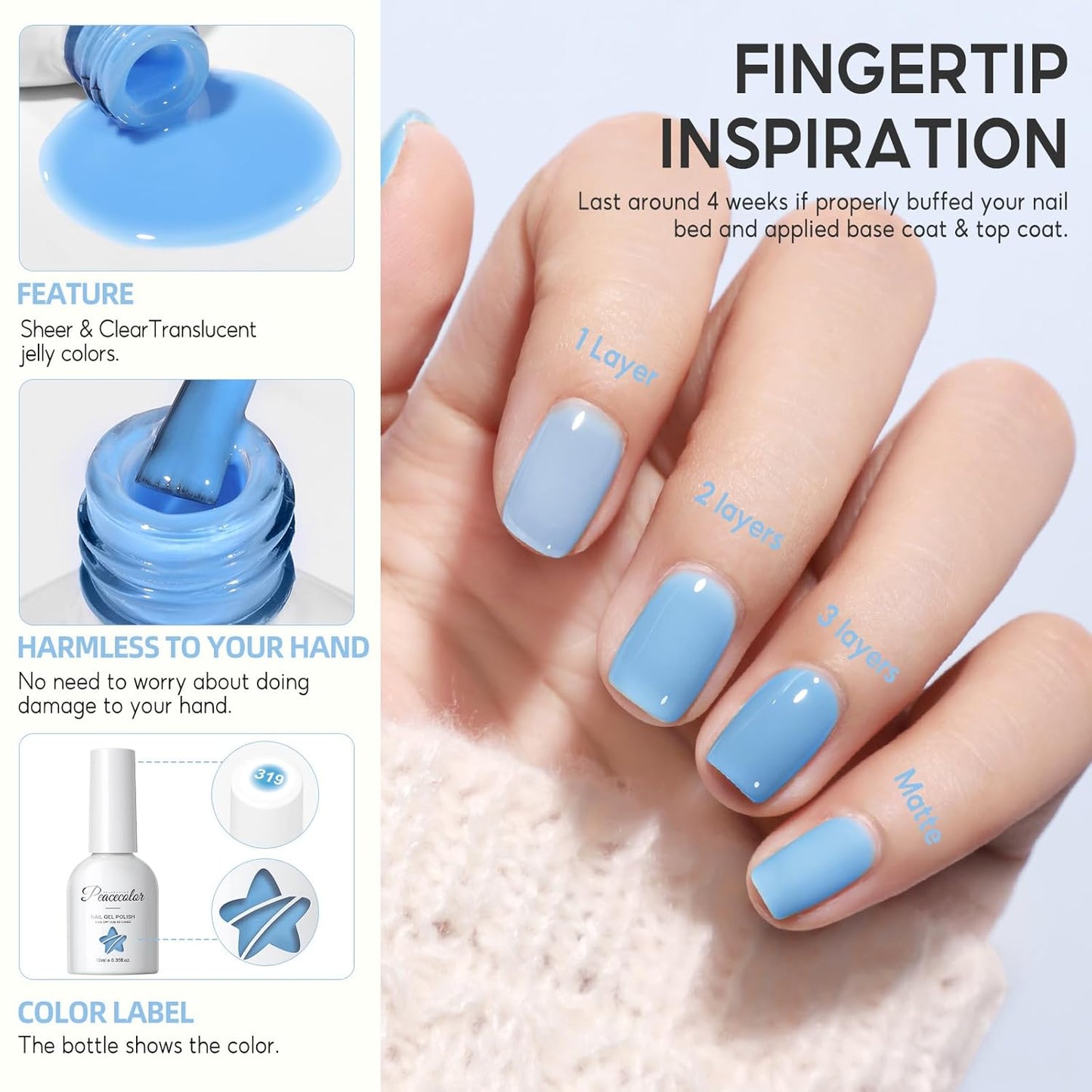 PEACECOLOR Blue Jelly Gel Polish Set, 10ML Transparent Clear Light Blue Collection 6 Colors Jelly Gel Nail Polish Kit for Beginners All Season Home Salon DIY Nail Art Design Gifts for Women