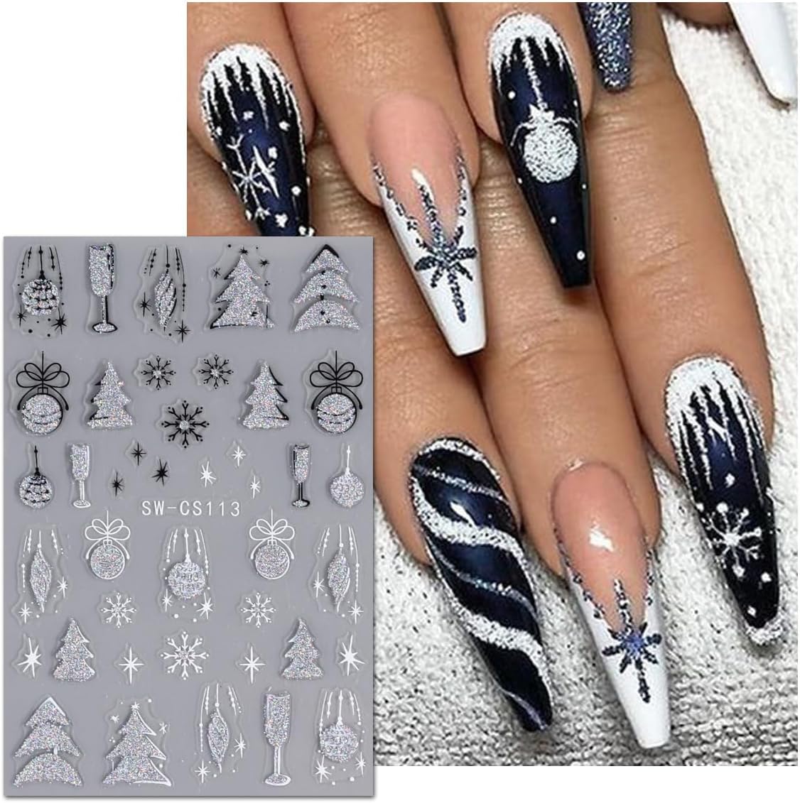 8 Christmas Nail Art Stickers Green French Snowflake Christmas Tree Elk Decal Stickers Silver Glitter Bell Bowknot Winter Design Suitable for Ladies Girls DIY Nail Art Decoration