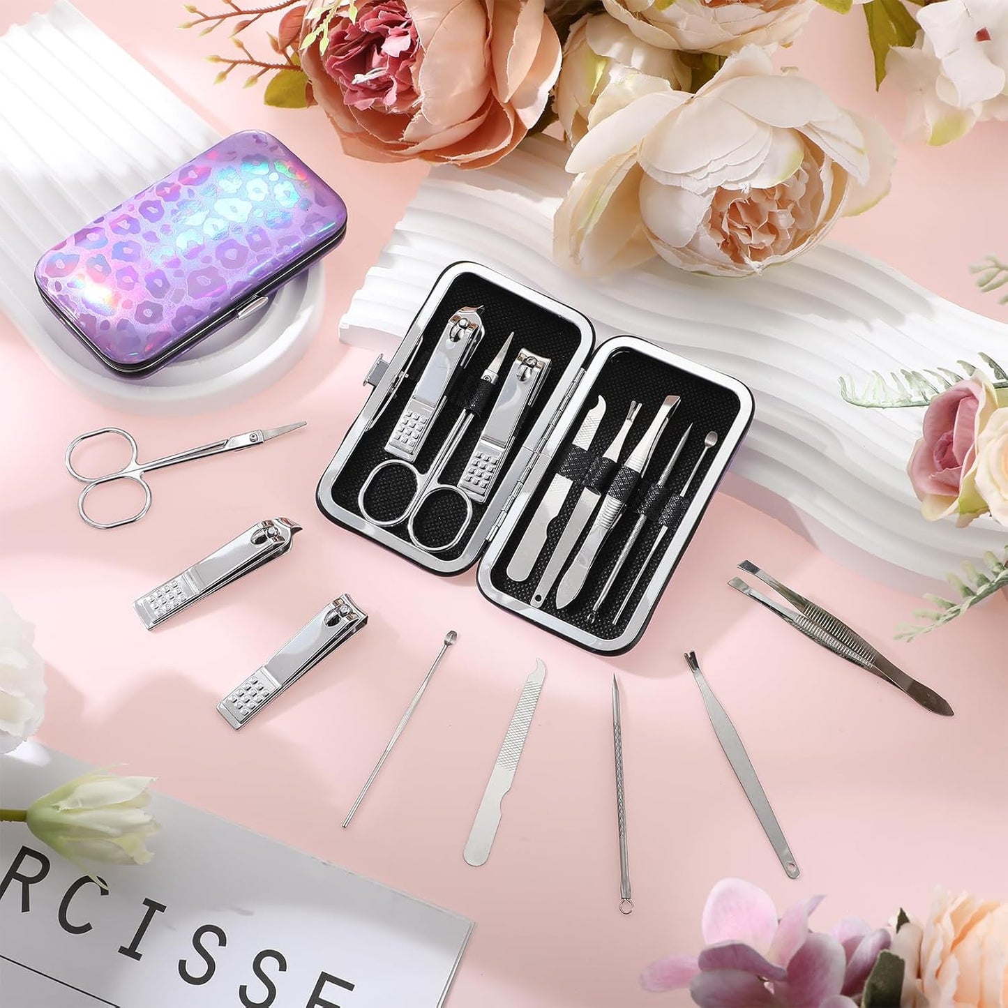 Lasnten 24 Set Christmas Manicure Set Bulk Nail Clippers Grooming Nail Kit Stainless Steel Professional Pedicure Kit Pedicure Tools with Travel Case Gifts for Xmas Men Women(8 in 1,Laser)