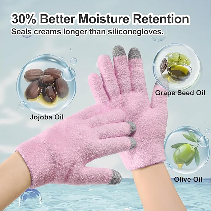 MoyRetty Touchscreen Silicone Moisturizing Gloves for Dry Hands Overnight, Reusable Hand Spa Gloves with Vitamin E & Jojoba Oil-Pink