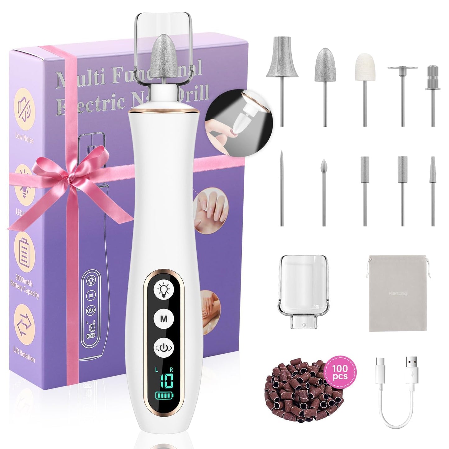 2 Pack Portable Electric Nail Drill Polisher – 10-in-1 Versatile Tool with 100PC Sanding Rings for DIY Care, Black+White