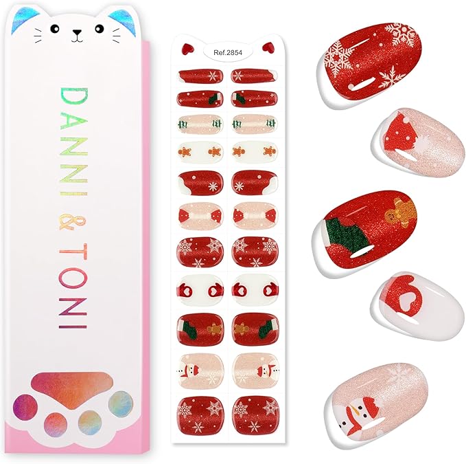 DANNI & TONI Kids Gel Nail Strips Christmas Tree Snowman Snowflake Red Cat Eye Salon-Quality Peel & Stick Manicure for Children (Age 6+)– Safe, Long-Lasting, Easy to Apply | Jingle & Glow