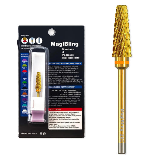 Super Cut 5 In 1 Nail Drill Bits，Tapered 3/32'' Safety Tungsten Bits, Upward Cut for Hard Gel Removal, Right Hand Use, Manicure Cuticle Gel Polishing, Technicians Bits, Gold, Double Coarse.