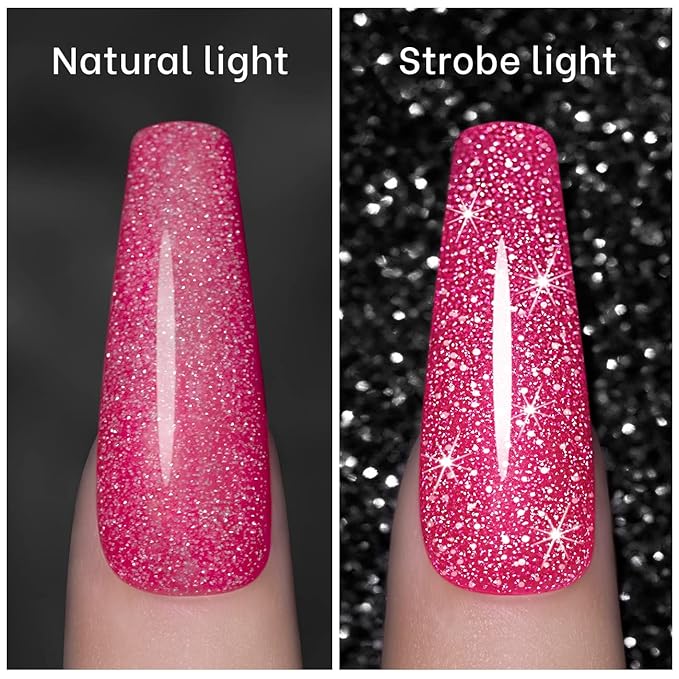 RARJSM Pink Gel Nail Polish, 7.5ml 0.25Floz Reflective Gelpolish Glitter Gel Nail Polish Summer Candy Collection Diamond Shimmer Neon Pink Nailgel for Starter Nail DIY at Home UV LED Cure Required