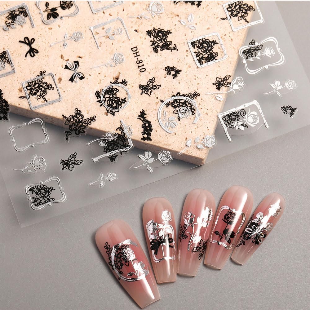 4 Sheets Vintage Nail Stickers for Women, 5D Embossed Frame Nail Decals for Designe Nail Art Supplies Manicure Decoration Accessories