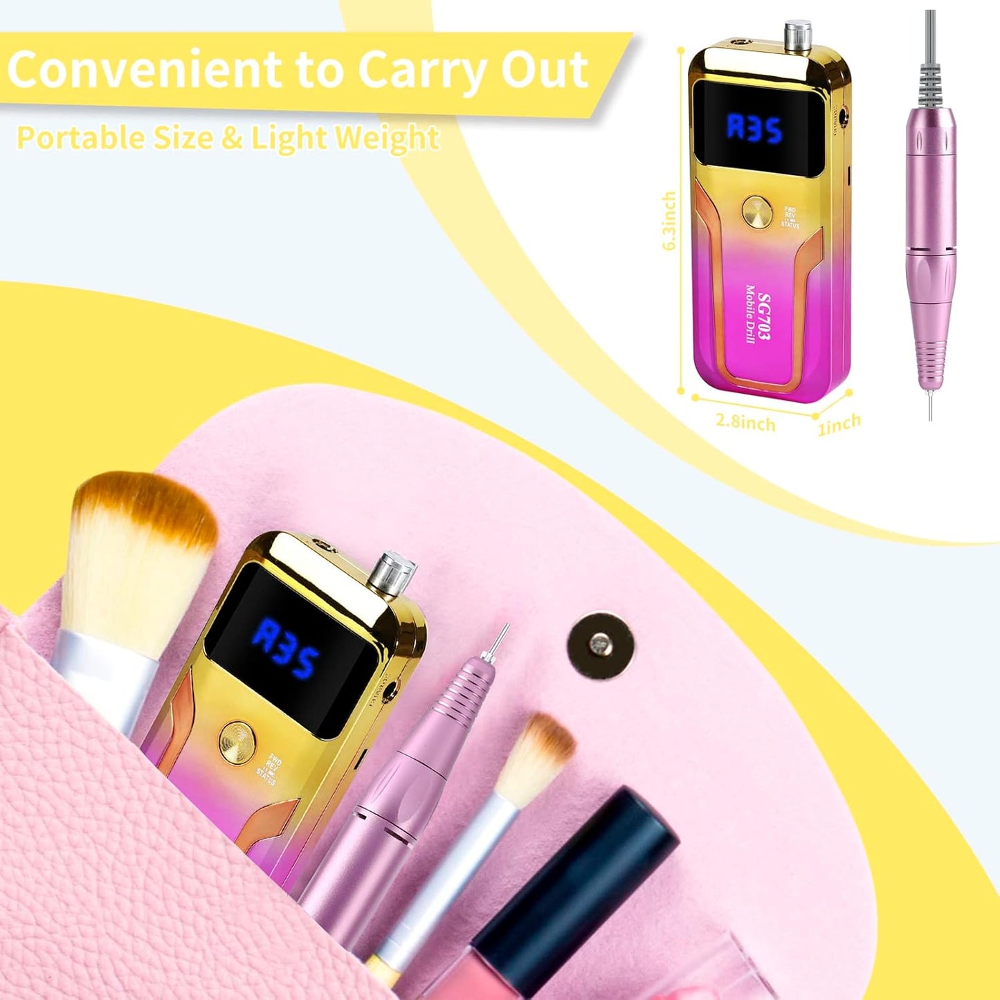 Portable Nail Drill Professional 35000 RPM, MOCOWIND Rechargeable Electric Nail File Machine E File for Acrylic Gel Polishing Removing, Cordless E-File with Bits Kit for Manicure Salon Home