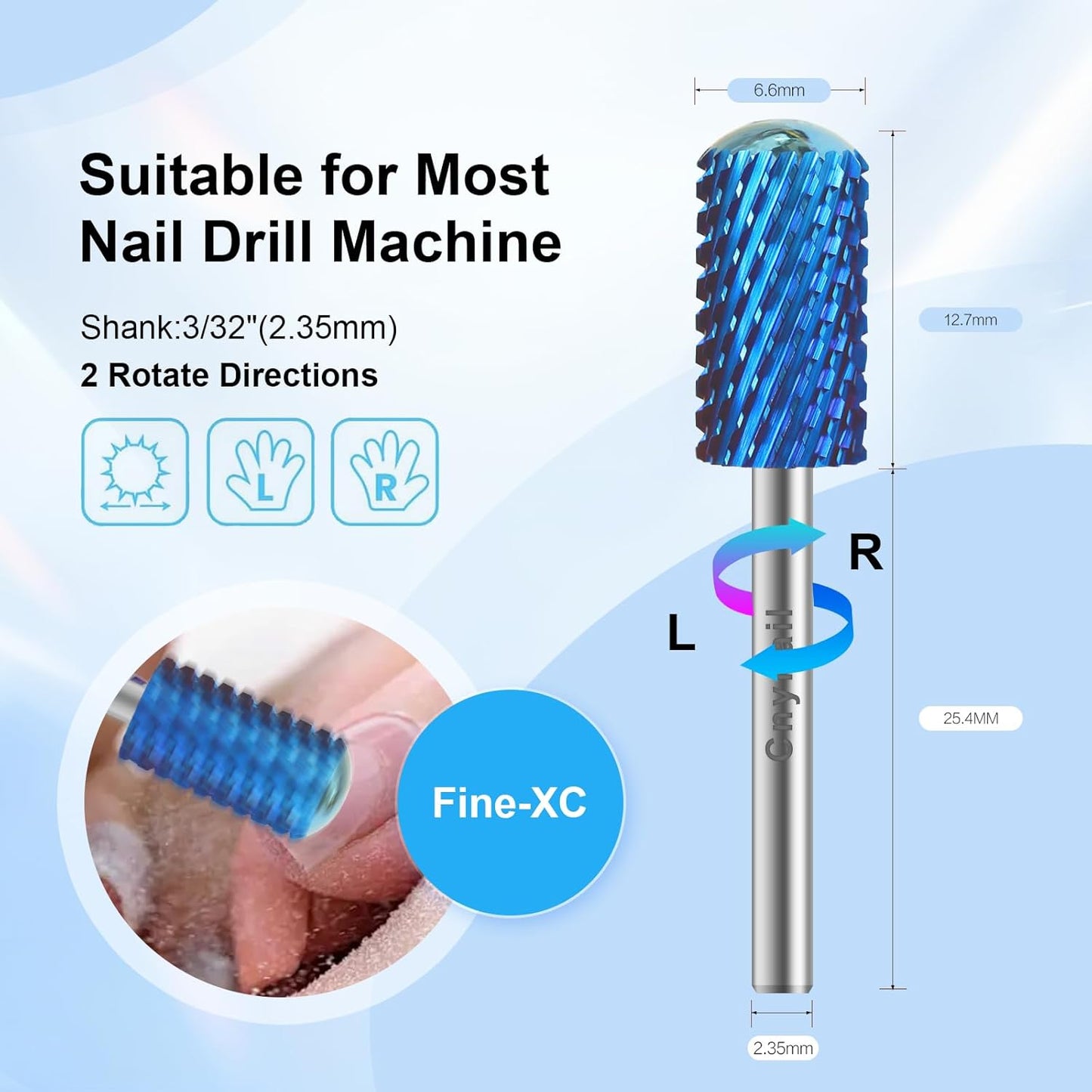 3/32" Large Barrel Smooth Round Top Tungsten Carbide Nail Drill Bit Safety Bit for Gel & Acrylic Removal, 2-Way Rotating Efile Tip, Salon Electric File Accessory (XC Grit, Blue)
