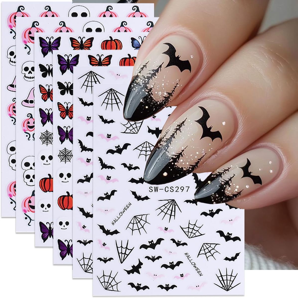 Halloween Nail Art Stickers Decals Skull Bat 3D Self-Adhesive Nail Decals Nail Art Supplies 6PCS Spider Web Butterfly Pumpkin Halloween Nails Design Manicure Sliders for Women DIY Nail Decorations