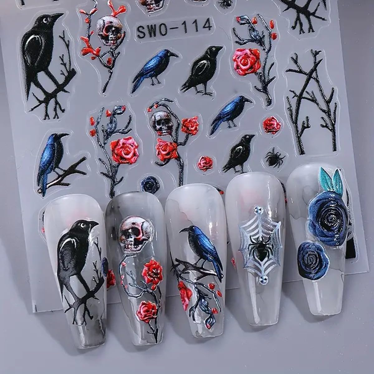 Halloween Nail Art Stickers Decals Black Style 5D Halloween Nail Stickers 2PCS Birds Skull Rose Spider Web Designs Nails Adhesive Decals Nail Art Supplies Holiday Manicure Sliders for Women